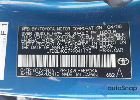 2009 Toyota Corolla Le из США, поврежденный, VIN JTDBL40E799041172